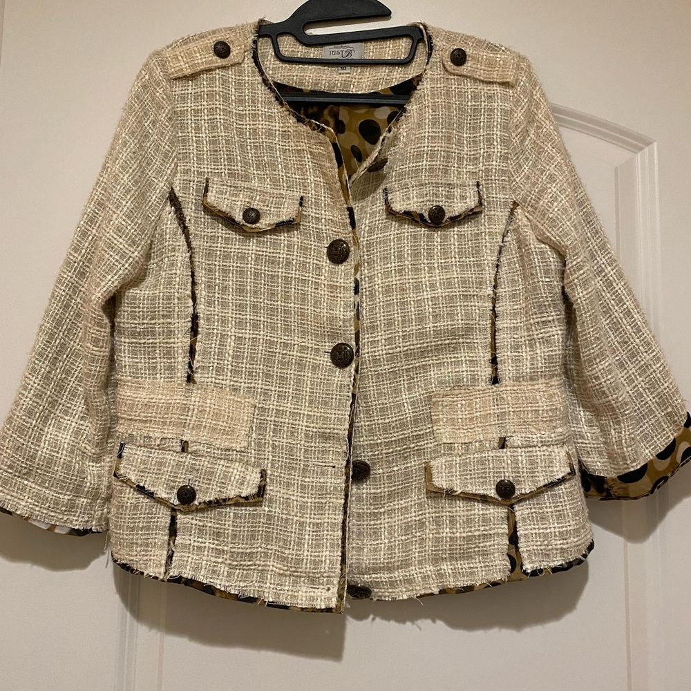 Just B Chic Tweed Women's cream lined animal print Jacket Sz 10